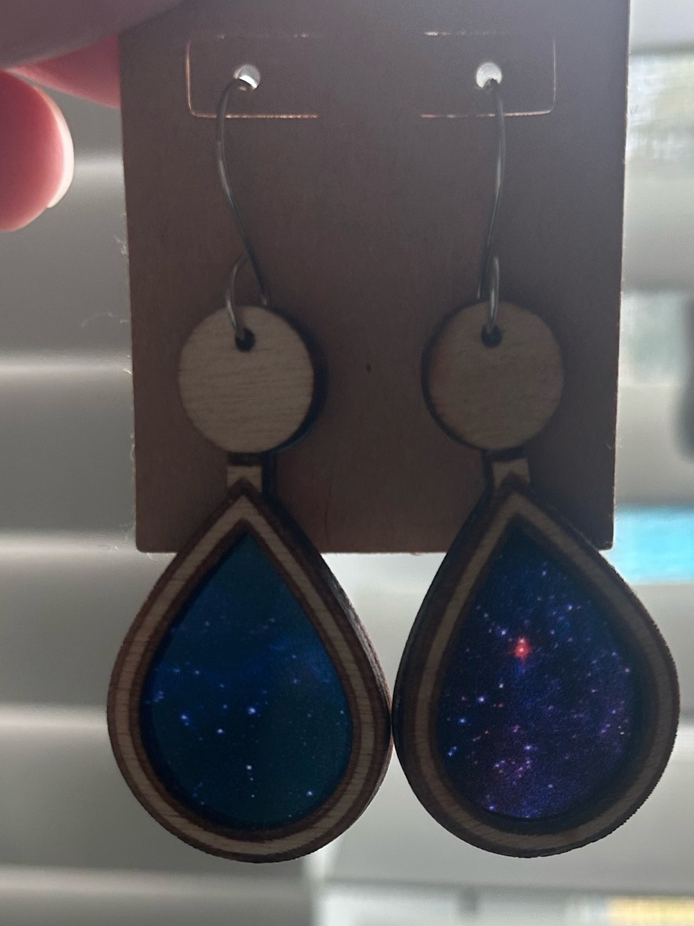 Hand Crafted Teardrop Wood Earrings with Blue Galaxy Inlay
